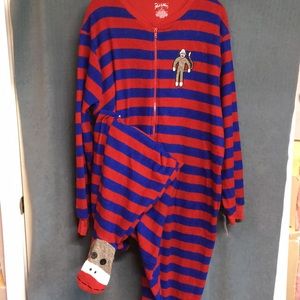 NWT Nick & Nora monkey sock footed pajamas size XL